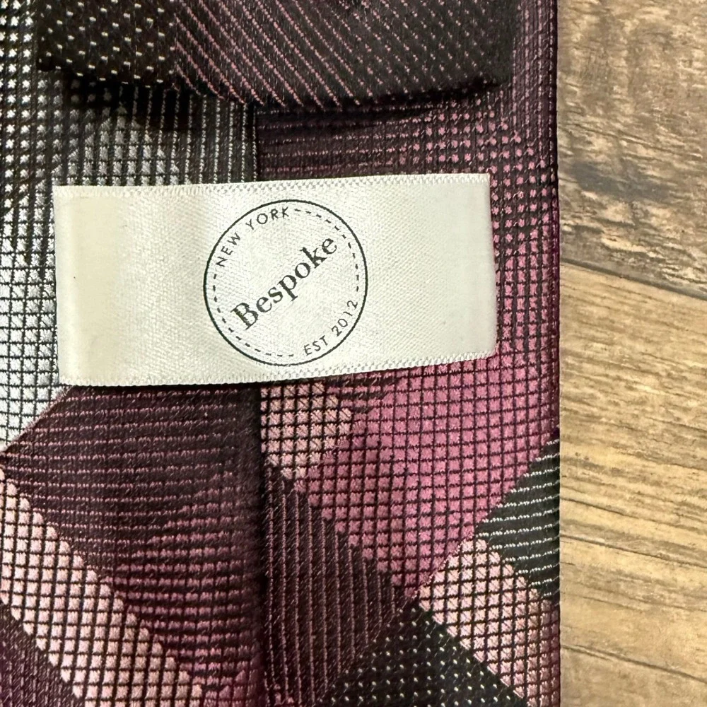 Bespoke‎ New York Mens Plaid Necktie Plum Grey Black Geometric Polyester Tie
